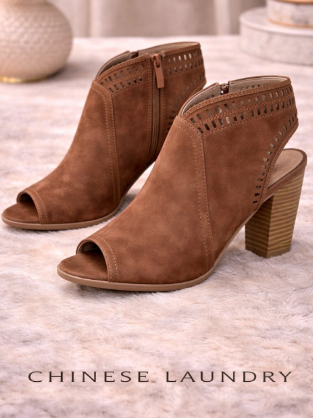 Chinese Laundry Peep Toe Booties Size 7.5 Brown Faux Leather Heeled Boots